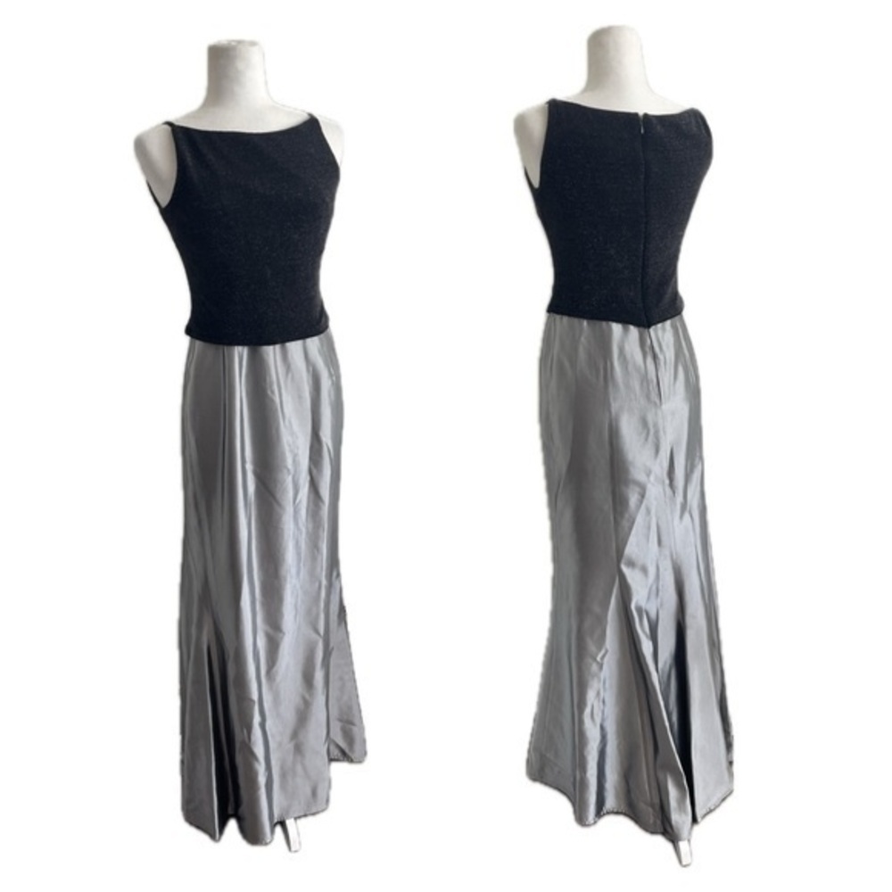 Vintage 90s Cachet Metallic Black Silver Sleeveless Twofer Gown Women's Size 4